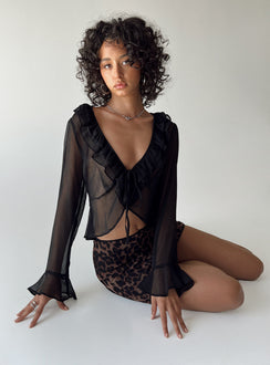 front view of model wearing Princess Polly Colby Long Sleeve Top Black Full Sleeves V-Neck 