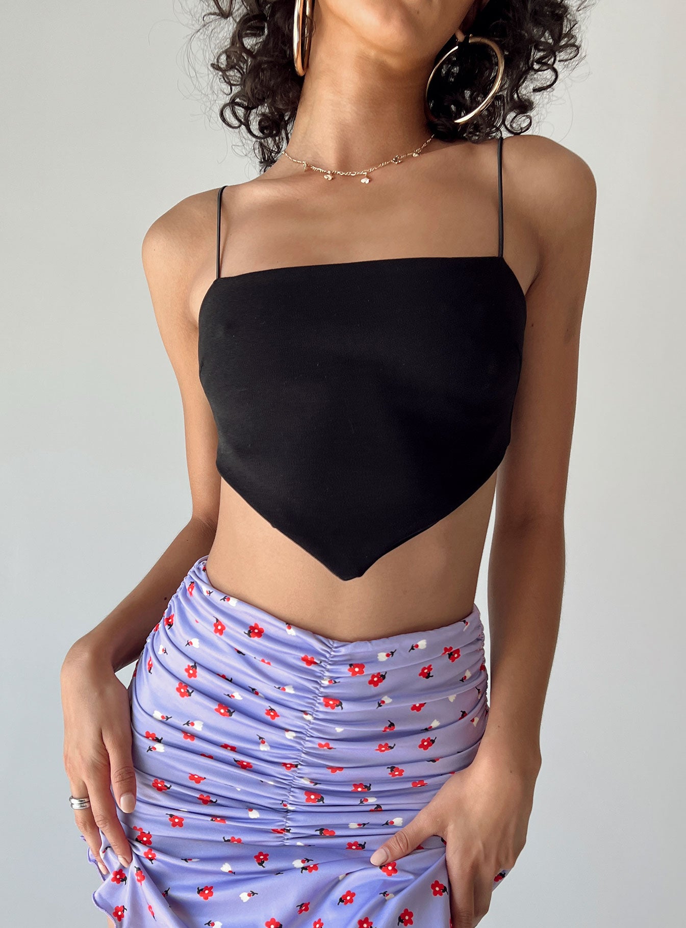 front view of model wearing Princess Polly McKinnon Top Black Sleeveless Square Neck 