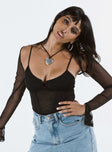 side view of model wearing Princess Polly Archo Mesh Bodysuit Black Full Sleeves Scoop Neck 