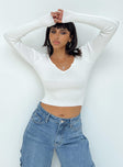 front view of model wearing Princess Polly Shermont Long Sleeve Top Ivory Full Sleeves V-Neck 