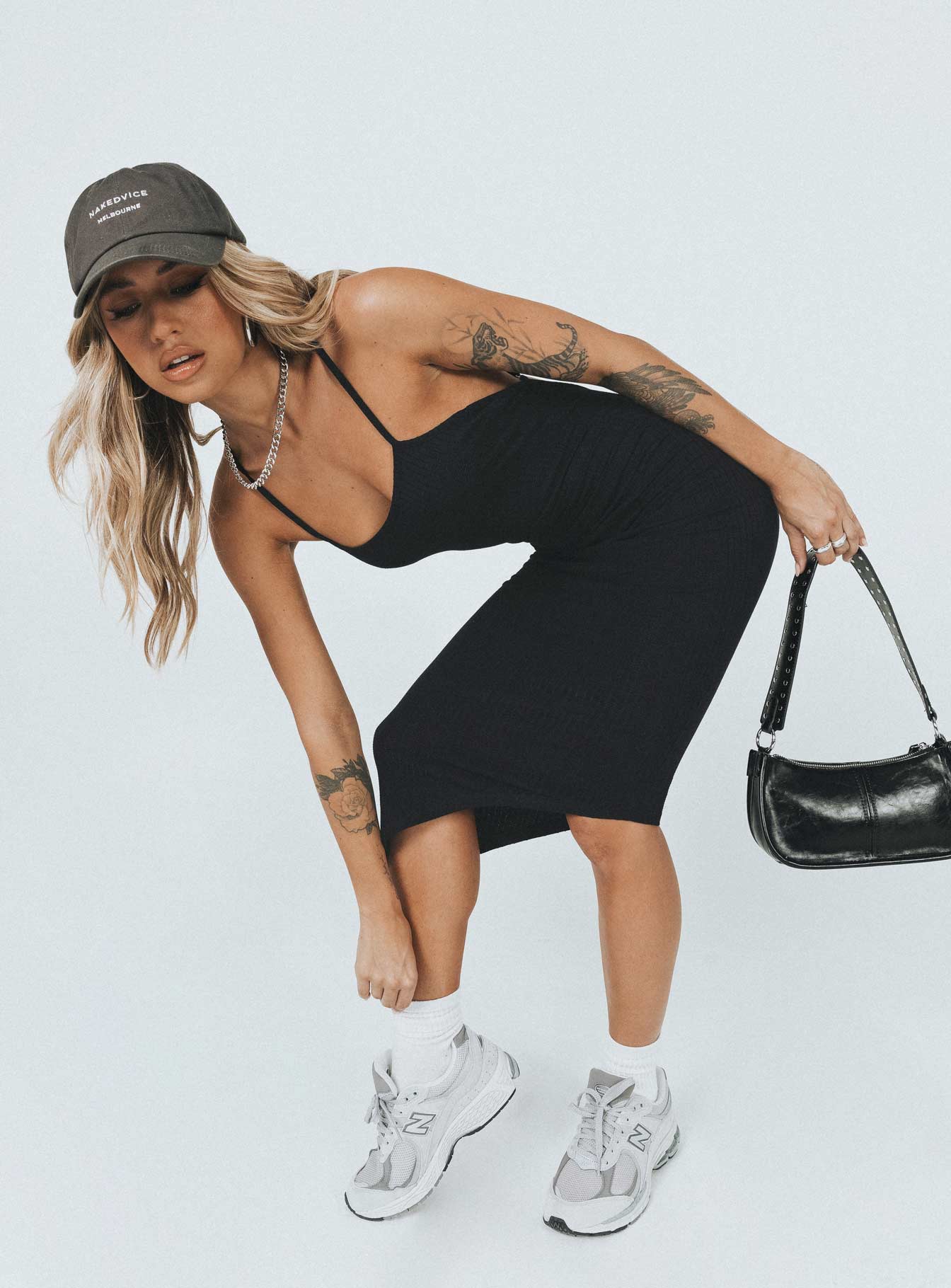 front view of model wearing Princess Polly Deme Maxi Dress Black Scoop Neck 