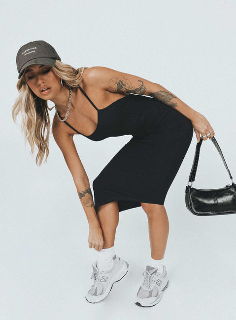 front view of model wearing Princess Polly Deme Maxi Dress Black Scoop Neck 