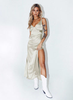 side view of model wearing Princess Polly Kurt Maxi Slip Maxi Dress Champagne V-Neck 
