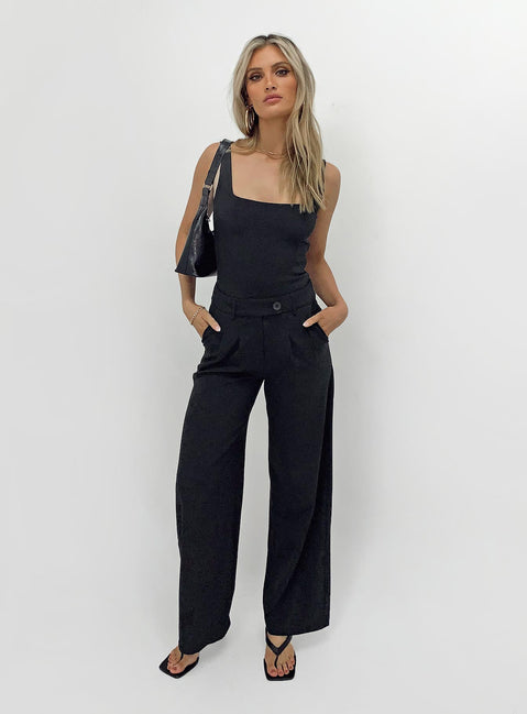 Matching set Longline top  Square neckline  High waisted pants  Zip & button fastening  Belt looped waist  Pleats at waist Twin hip pockets  Wide leg 