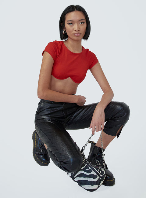 front view of model wearing Princess Polly Becca Short Sleeve Crop Top Red 