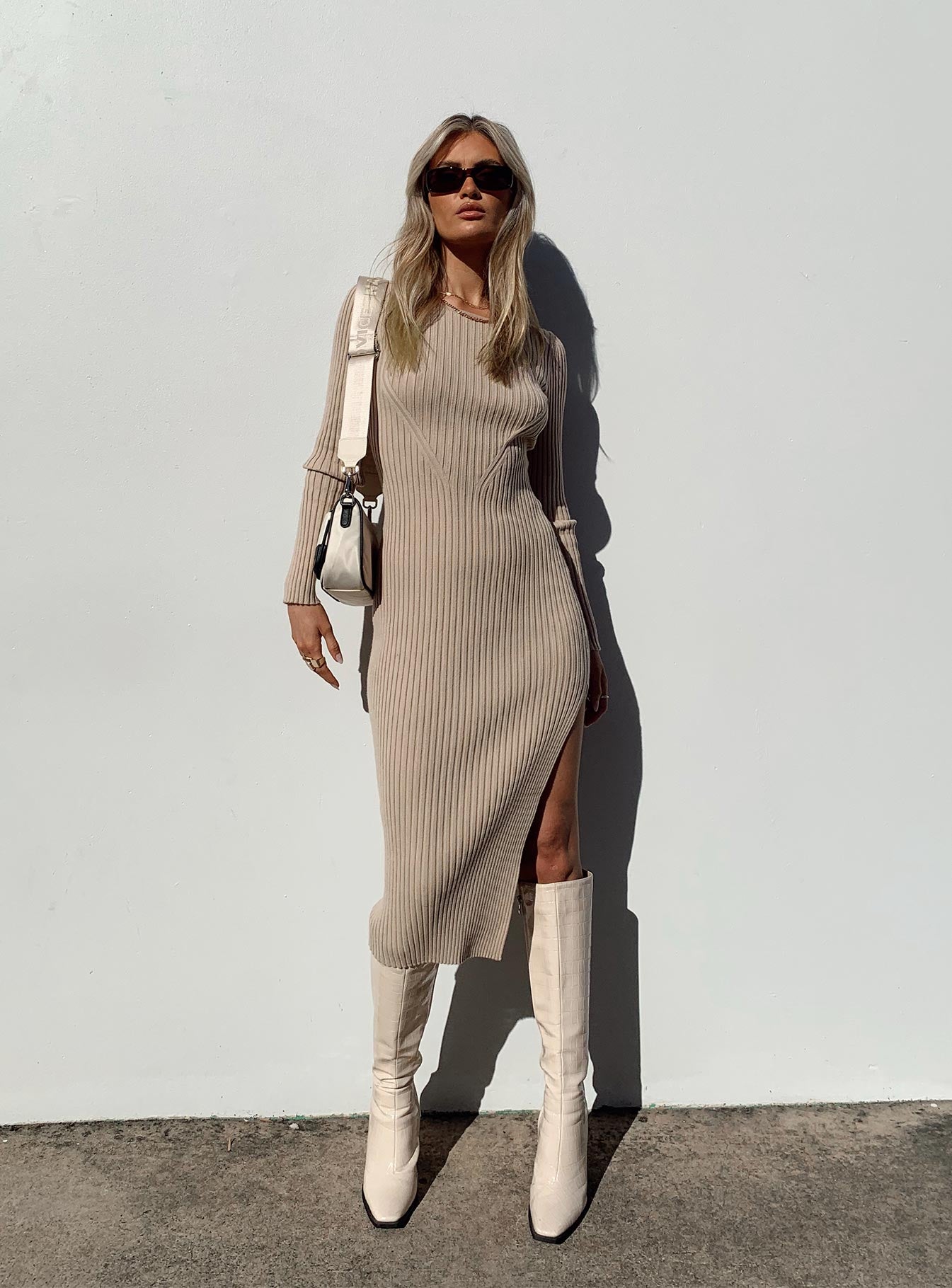 Front view of model wearing  front Princess Polly Crew Neck  Nicky Midi Dress Beige