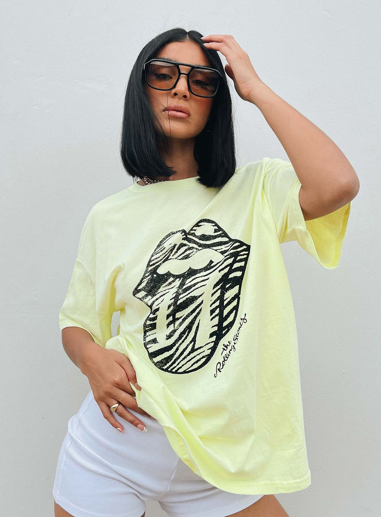 side view of model wearing Princess Polly The Rolling Stones Start Me Up Oversized Tee Green 