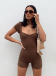 Romper Ribbed material Wide square neckline Cut out back Fixed tie fastening at back