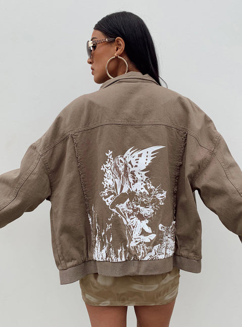 Bomber jacket Denim look material  Graphic print on back  Frayed detail  Classic collar  Zip front fastening  Drop shoulder 