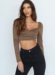 front view of model wearing Princess Polly Alina Long Sleeve Top Brown 