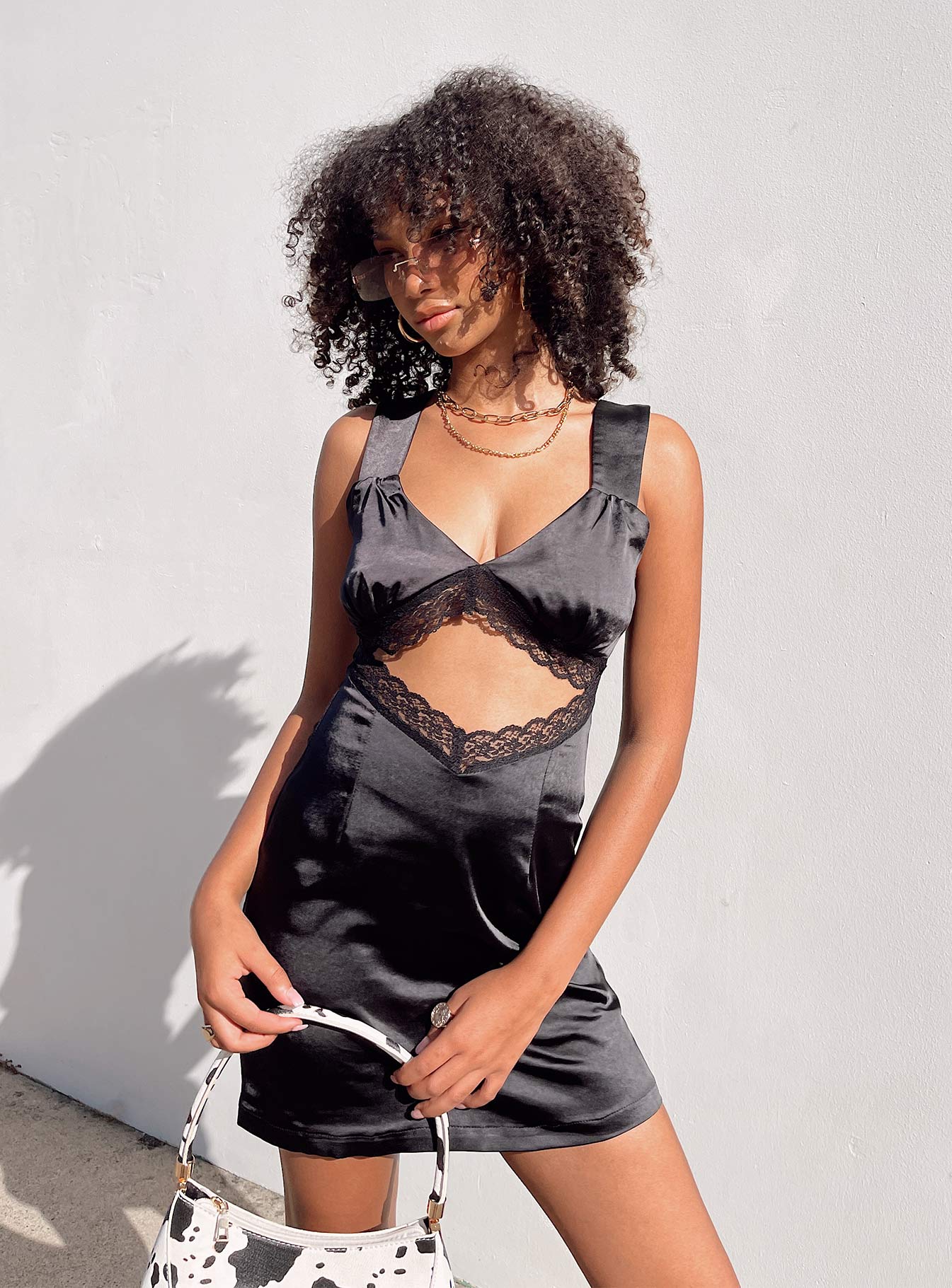 back view of model wearing Princess Polly Keeley Lace Satin Dress Black V-Neck 