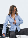 Front view of model wearing  front Princess Polly Full Sleeves V-Neck  Anni Pinstripe Shirt Blue