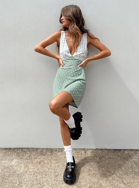 product Princess Polly Asymmetric Neckline  Nellie Mini Dress Mint Polka Dot