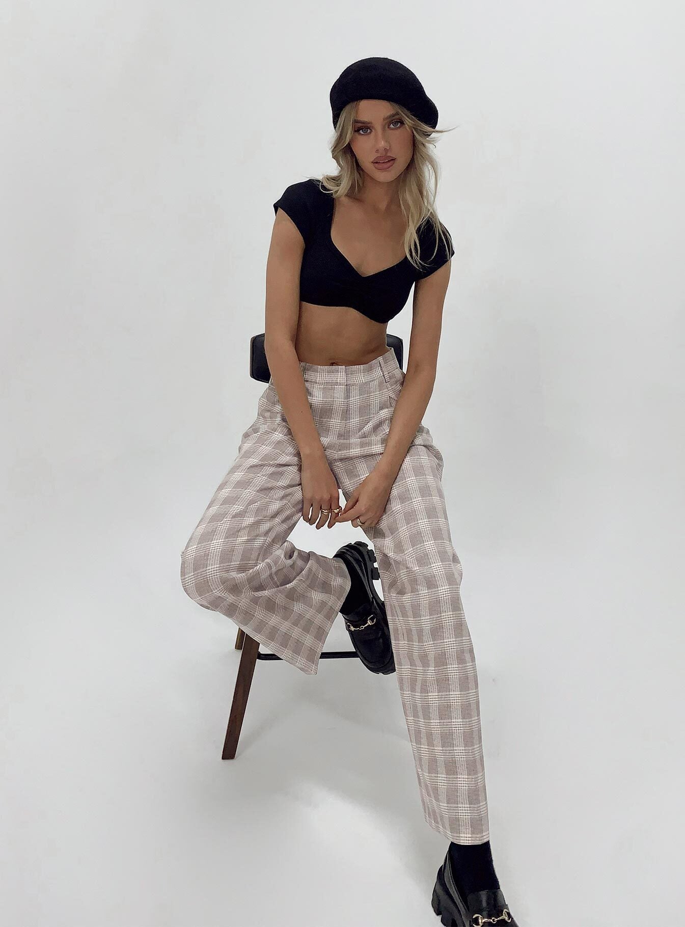 back view of model wearing Princess Polly Mulholland Pants Beige Plaid 