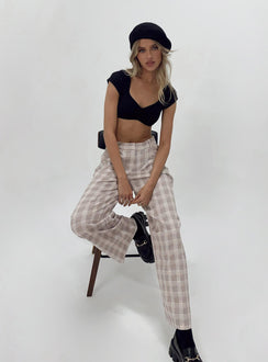 back view of model wearing Princess Polly Mulholland Pants Beige Plaid 