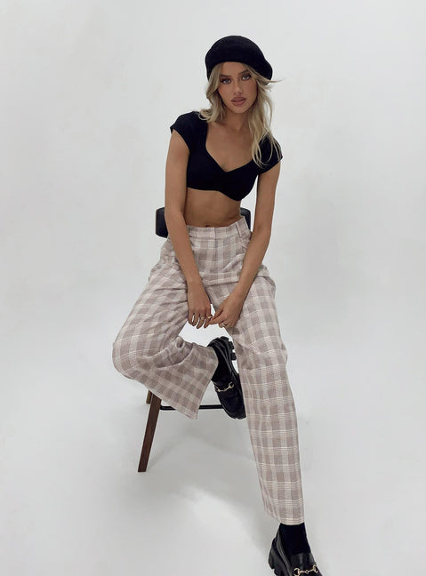 back view of model wearing Princess Polly Mulholland Pants Beige Plaid 