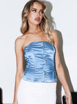 front view of model wearing Princess Polly Amabel Strapless Top Blue Sleeveless 