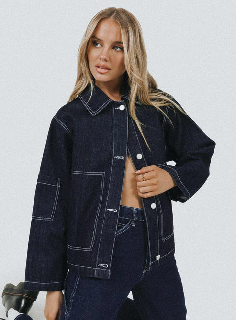 Denim jacket Dark wash denim Contrast stitch detail Classic collar Button fastening Twin hip pockets