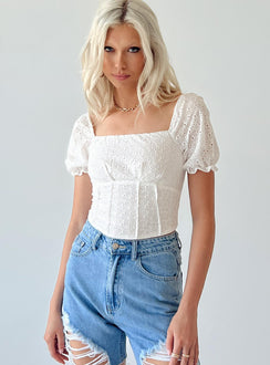 back view of model wearing Princess Polly Fawkner Top White Short Sleeves Square Neck 
