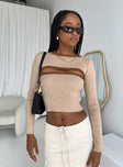 Front view of model wearing  front Princess Polly Full Sleeves Square Neck  Orsette Two Piece Knit Top Beige