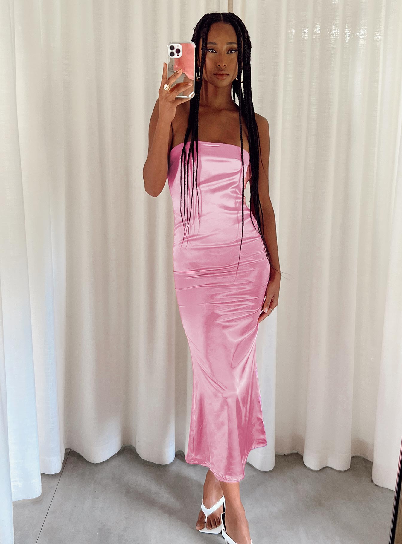 Front view of model wearing  front Princess Polly High Neck  Shaya Strapless Maxi Dress Pink