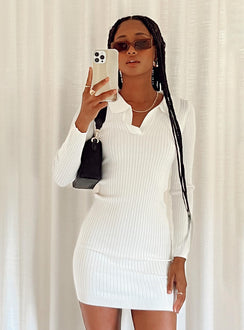 Front view of model wearing  front Princess Polly High Neck  Leanne Long Sleeve Mini Dress White