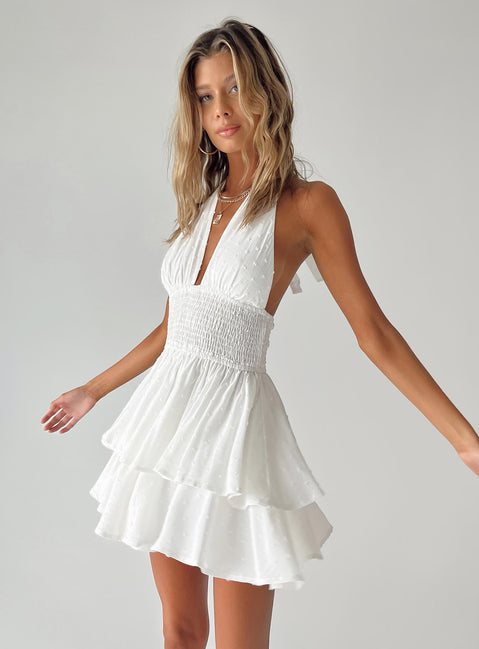 White halter romper Plunging neckline Halter neck tie fastening Shirred panel at waist Layered detail