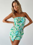 Green strapless romper Floral print  Sheer material  Elasticated bust & waist  Tie detail at waist 