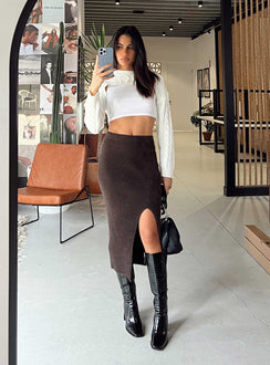 Front view of model wearing  front Ella Brooke Knit Midi Skirt Brown Princess Polly  