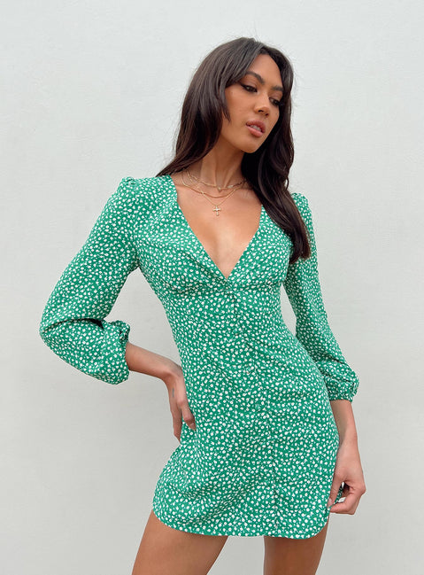 product Princess Polly V-Neck  Kiata Long Sleeve Mini Dress Green / Floral