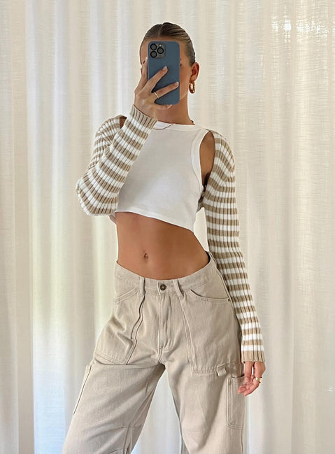 back view of model wearing Princess Polly Aytan Bolero Sweater Beige/White Cropped 
