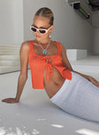 Orange top Sheer knit material Scoop neck Double tie fastening at front Good Stretch Unlined 