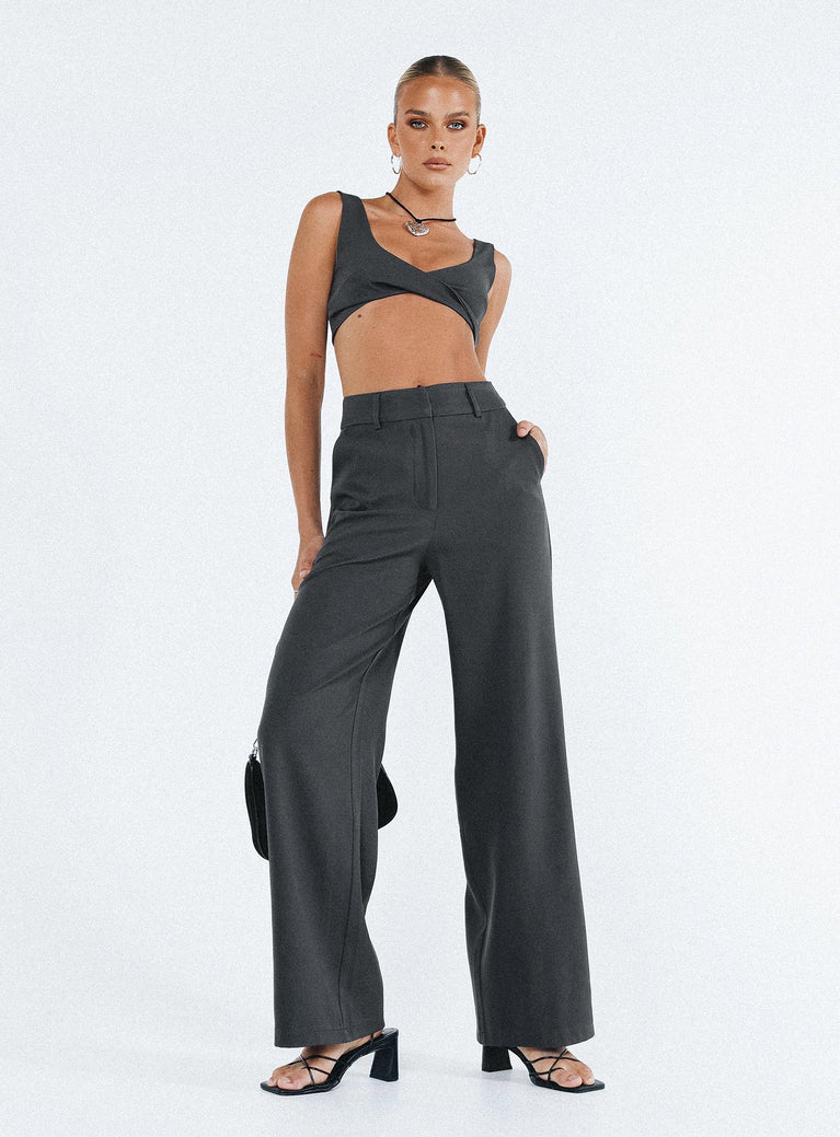 Two piece set Crop top Twist detail at bust Invisible zip fastening at side Pants Belt looped waist  Front button and zip fastening  Twin hip pockets