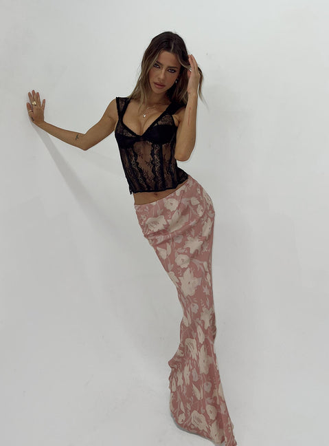 Front view of model wearing  front Bettina Floral Maxi Skirt Pink Multi Princess Polly  Maxi 