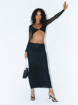 Matching set Kristen is wearing a size US 2 / AU 6 Mesh material Long sleeve crop top V-neckline Clasp fastening at front Maxi skirt Elasticated waistband  Good stretch Lined body