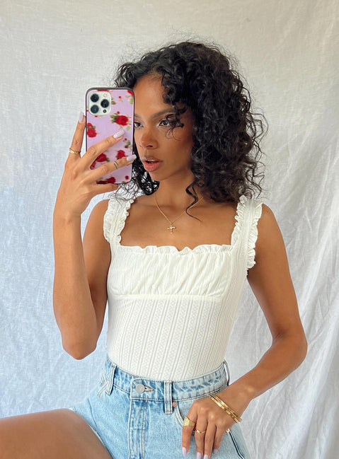 front view of model wearing Princess Polly Farrand Pointelle Bodysuit Ivory Sleeveless Square Neck 