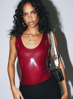 back view of model wearing Princess Polly Alderly Faux Leather Bodysuit Maroon Sleeveless Scoop Neck 