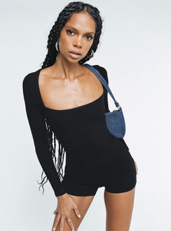 Black long sleeve playsuit Ribbed material Square neckline Invisible zip fastening at back Good stretch