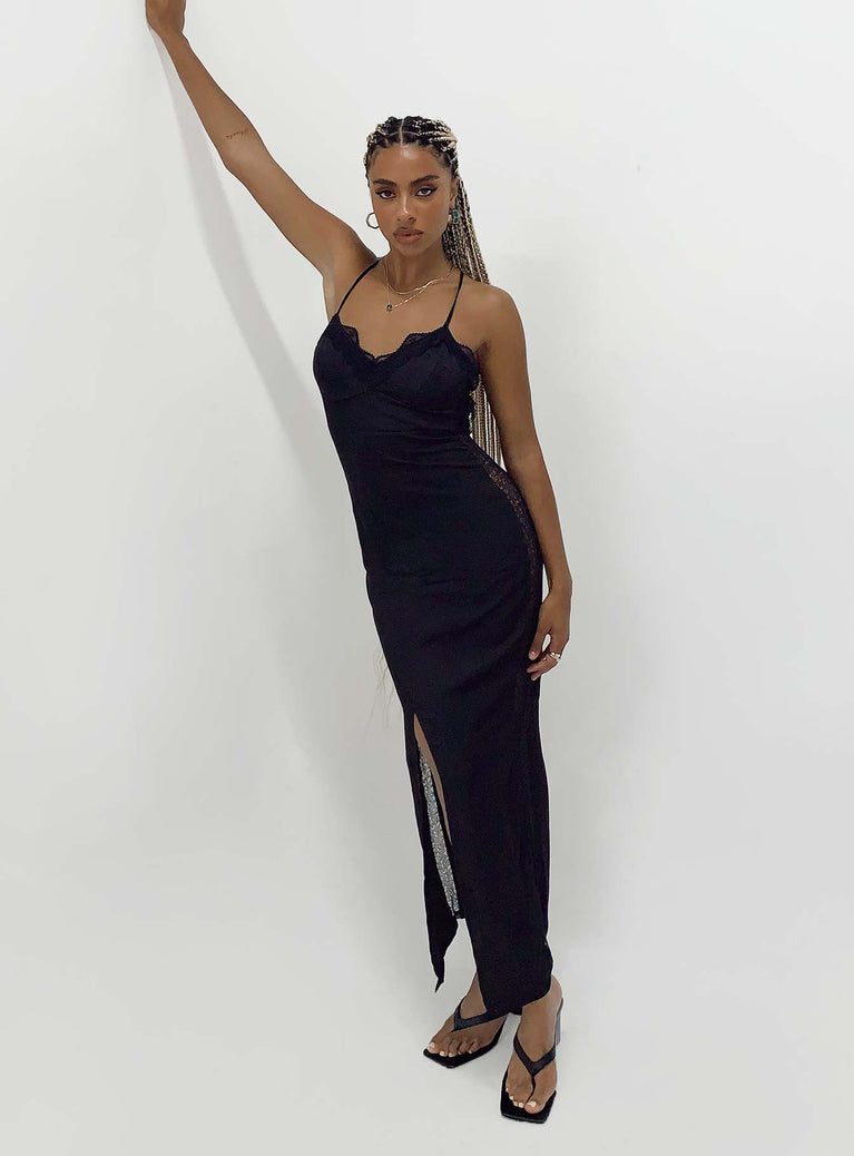 front view of model wearing Princess Polly Hudson Maxi Dress Black Sweetheart Neckline 