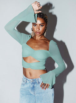 front view of model wearing Princess Polly Dumont Long Sleeve Top Blue Full Sleeves Square Neck 