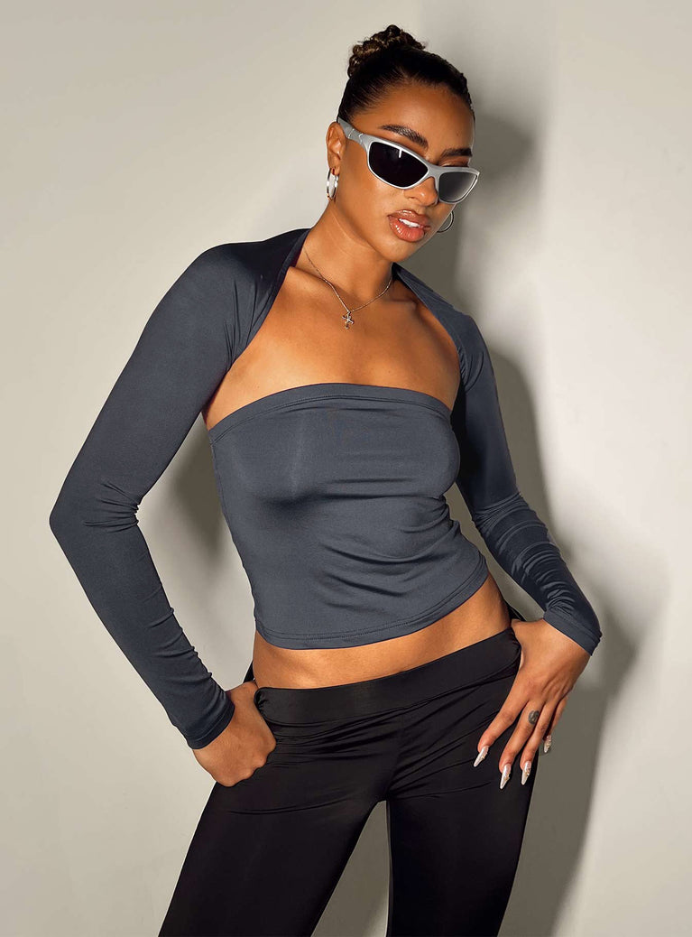 Two piece top Long sleeve bolero  Strapless tube top  Elasticated bust  Good stretch  Partially lined 