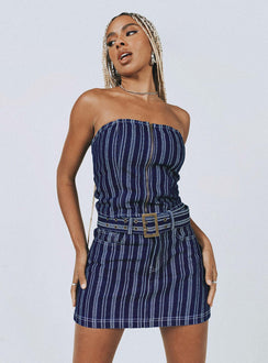   side view of model wearing Princess Polly Fernley Skirt Blue Mini Skirts 