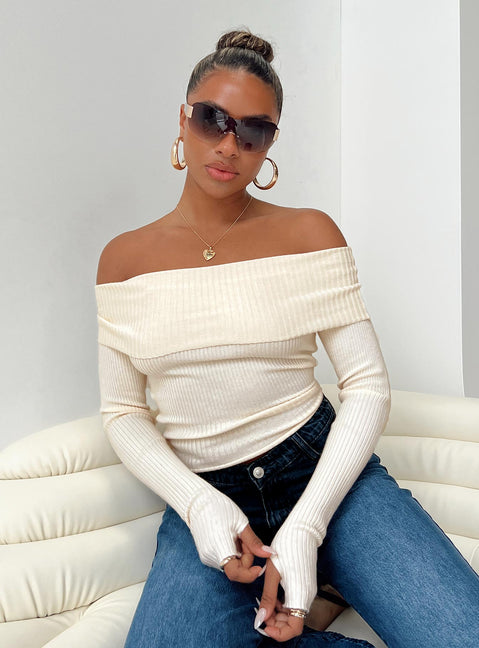Front view of model wearing  front Morley Off Shoulder Sweater Cream Princess Polly  Cropped 