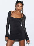 Front view of model wearing  front Princess Polly Square Neck  Dyer Sheer Sleeve Mini Dress Black