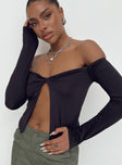 Black top Off the shoulder design Inner silicone strip at bust Split hem Good stretch Partially lined