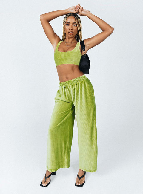 Matching set Velour material  Crop top  High waisted pants  Elasticated waistband  Twin hip pockets  Wide leg 