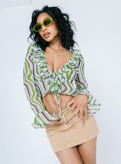 front view of model wearing Princess Polly Colby Long Sleeve Top Multi Full Sleeves Plunger 