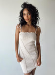 front view of model wearing Princess Polly Theresa Mini Dress Beige Square Neck 