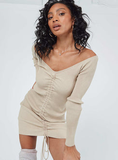 side view of model wearing Princess Polly Avanti Long Sleeve Mini Dress Beige 