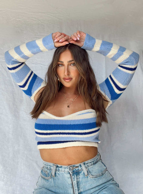 Front view of model wearing  front Princess Polly Full Sleeves Square Neck  Serafini Bolero Knit Top Blue